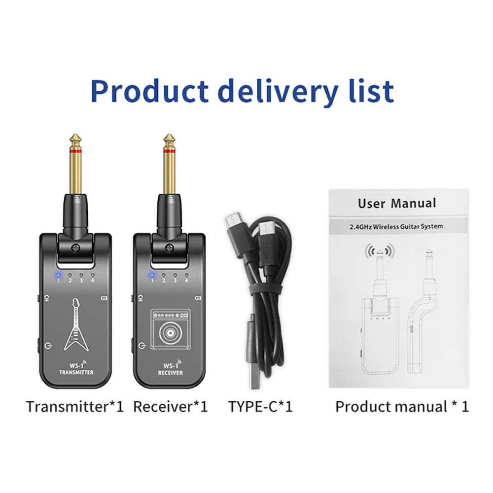 2.4GHz Wireless Guitar System Rechargeable Audio Transmitter & Receiver 4 Channels 30m Transmission Double-end Charging Cable