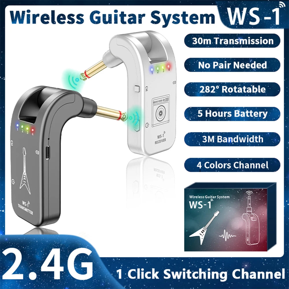 2.4GHz Wireless Guitar System Rechargeable Audio Transmitter & Receiver 4 Channels 30m Transmission Double-end Charging Cable