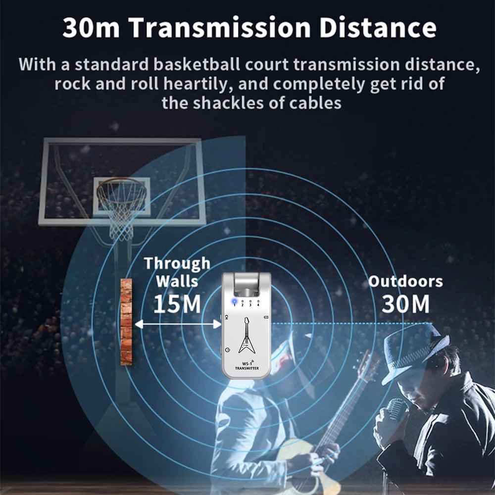 2.4GHz Wireless Guitar System Rechargeable Audio Transmitter & Receiver 4 Channels 30m Transmission Double-end Charging Cable